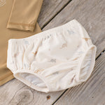Rylee & Cru Swim Diaper in Dino laid on a wooden surface beside a tan rashguard