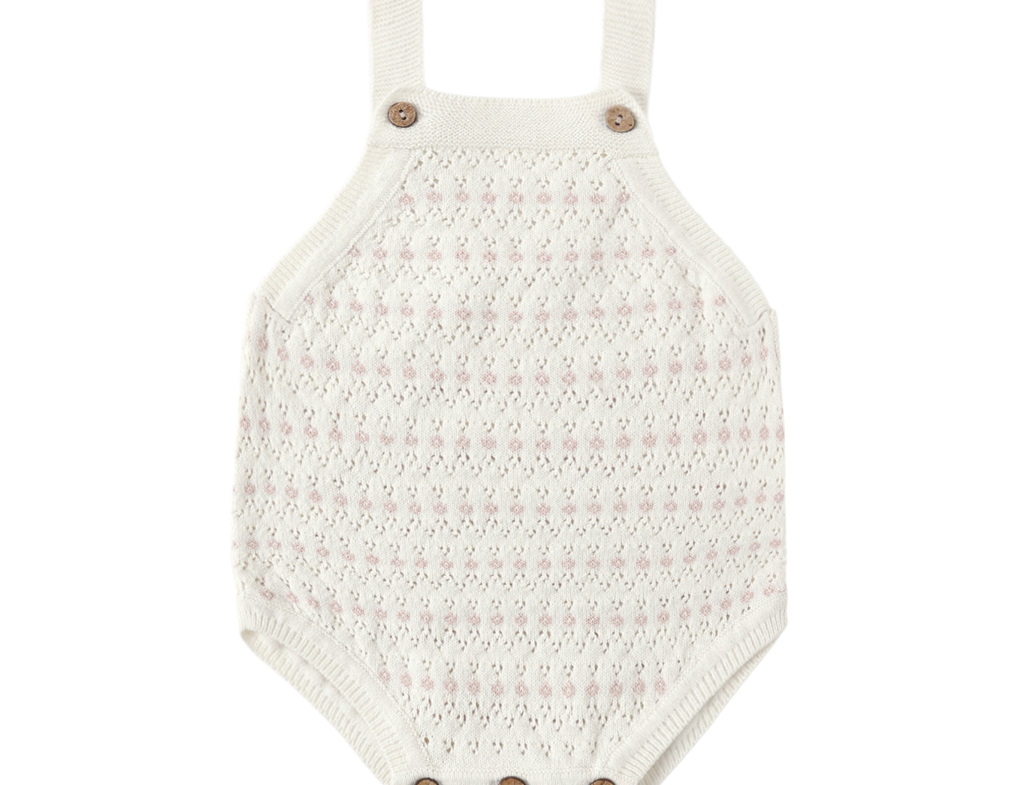 Rylee & Cru Tatum Romper in Ivory, a cream pointelle knit baby romper with wooden buttons