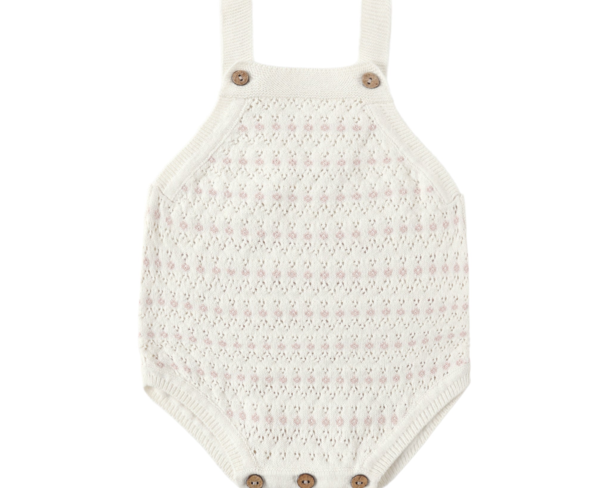 Rylee & Cru Tatum Romper in Ivory, a cream pointelle knit baby romper with wooden buttons