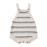 Rylee & Cru Tatum Romper in Ocean Stripe, a cream and navy striped knit baby romper with wooden buttons