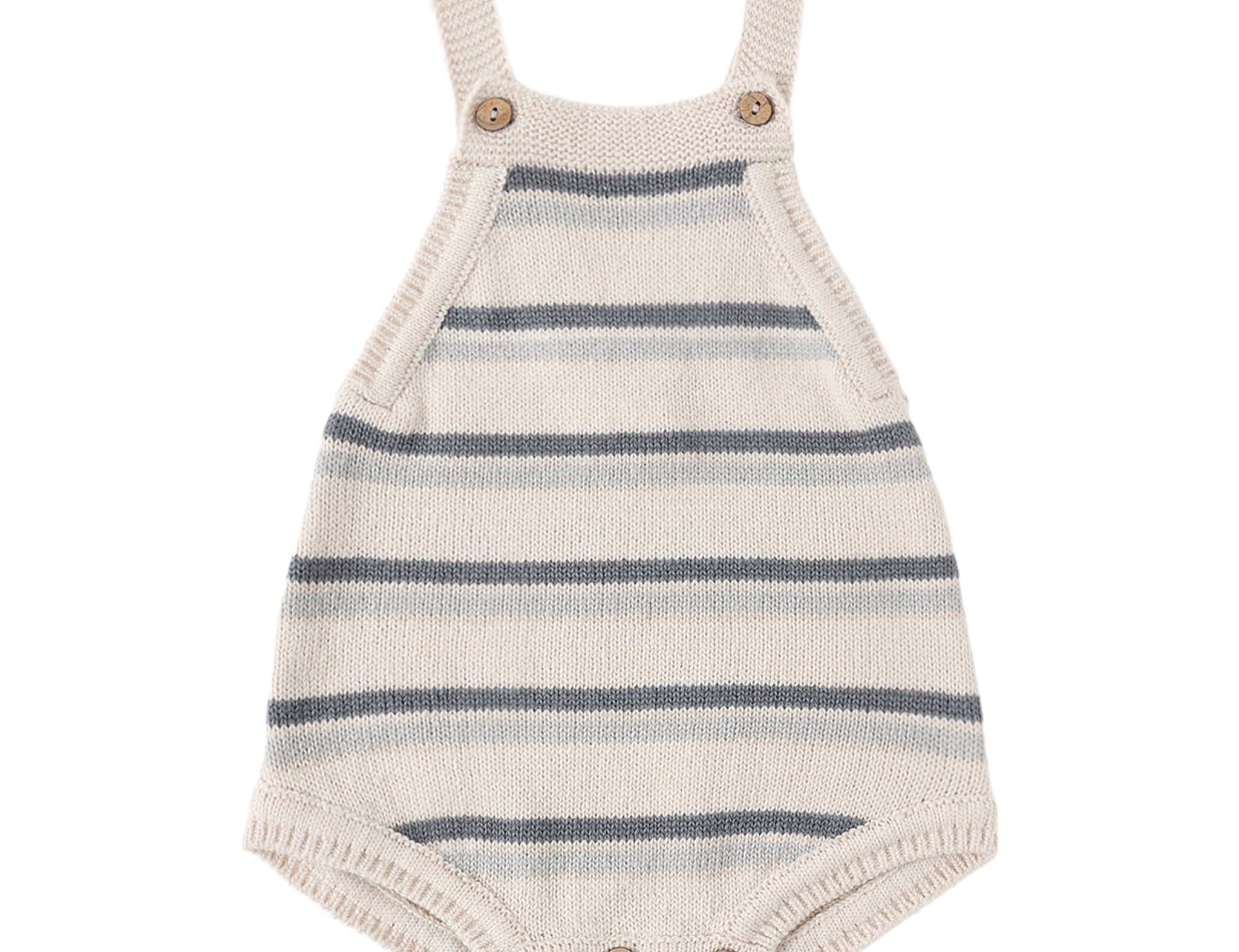 Rylee & Cru Tatum Romper in Ocean Stripe, a cream and navy striped knit baby romper with wooden buttons