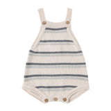 Rylee & Cru Tatum Romper in Ocean Stripe, a cream and navy striped knit baby romper with wooden buttons