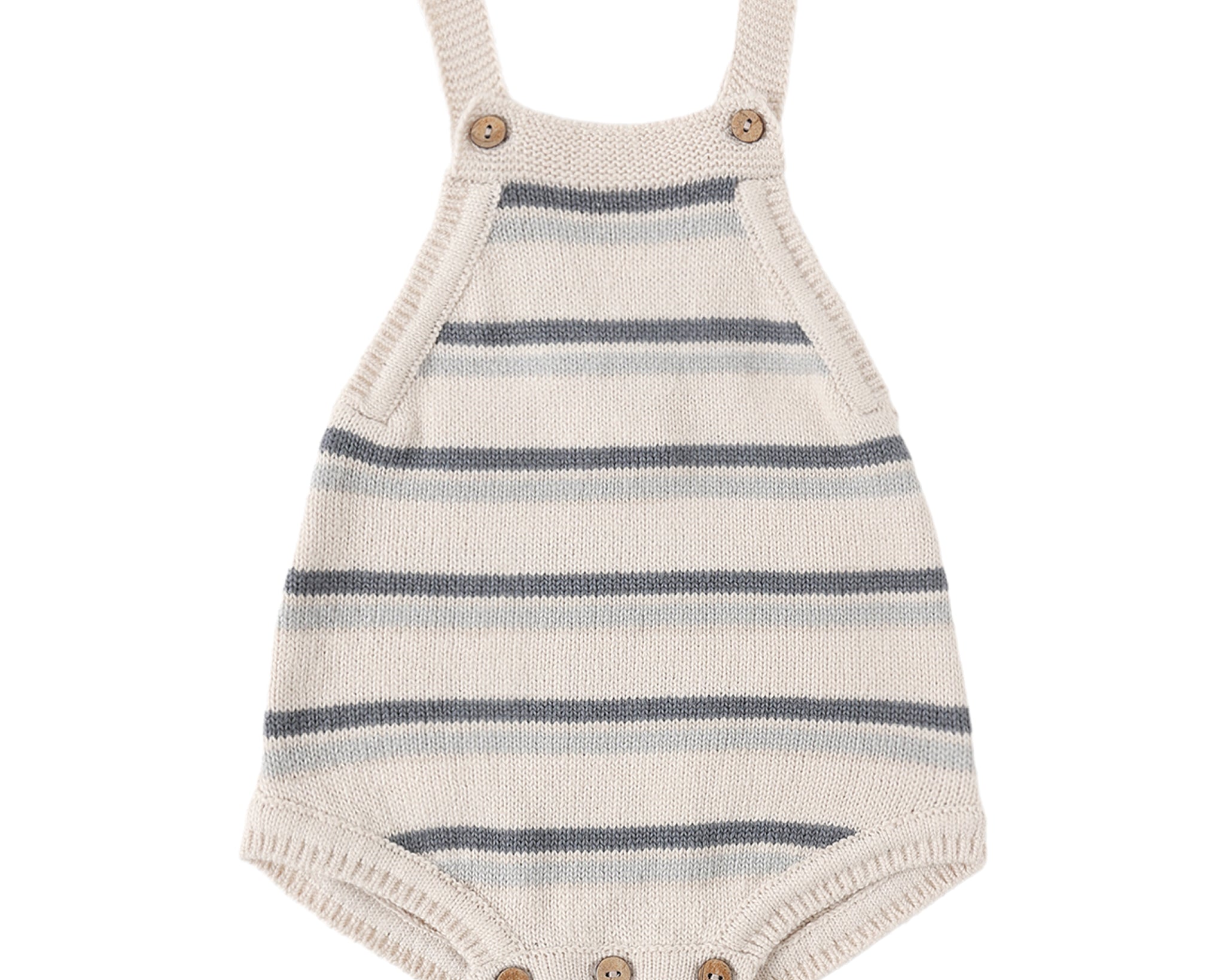 Rylee & Cru Tatum Romper in Ocean Stripe, a cream and navy striped knit baby romper with wooden buttons