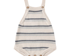 Rylee & Cru Tatum Romper in Ocean Stripe, a cream and navy striped knit baby romper with wooden buttons