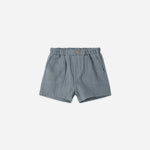 Rylee & Cru Utility Short in Ocean, slate blue gauze toddler shorts with a wooden button, front view