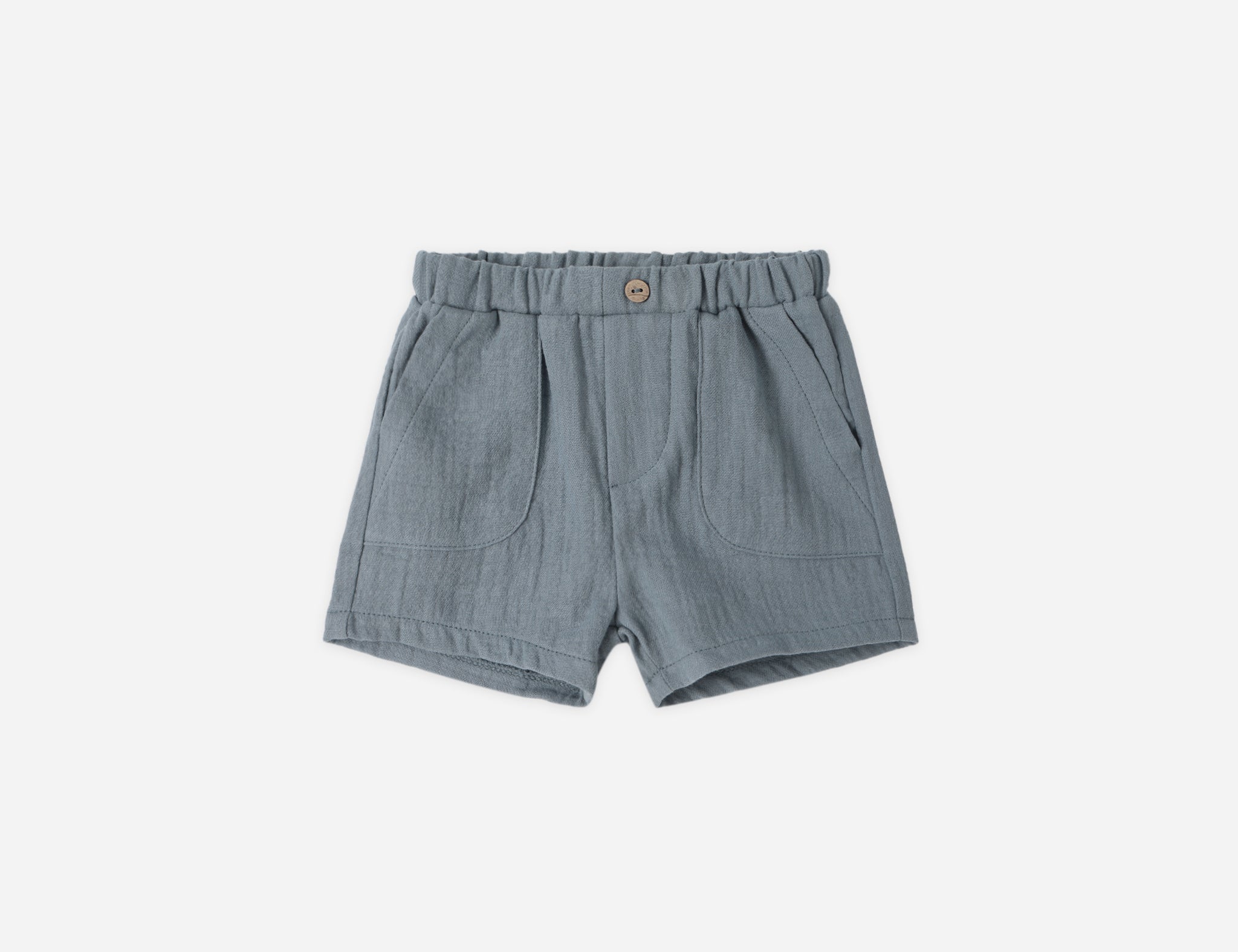Rylee & Cru Utility Short in Ocean, slate blue gauze toddler shorts with a wooden button, front view