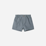 Rylee & Cru Utility Short in Ocean, slate blue gauze toddler shorts with a wooden button, front view