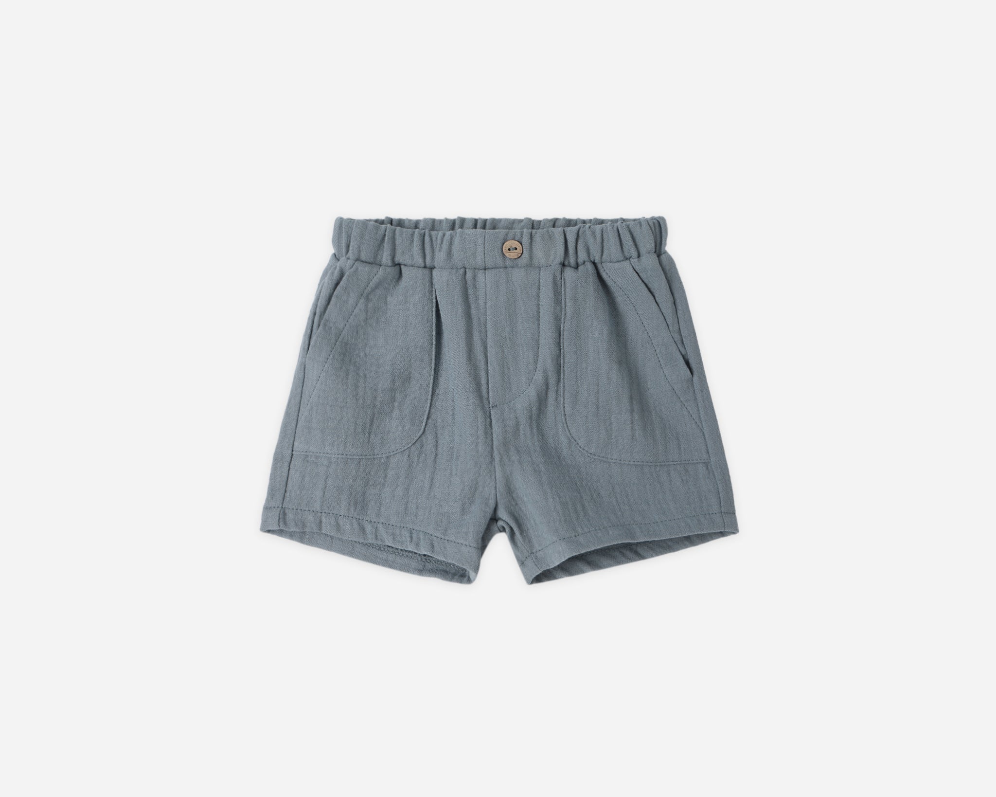 Rylee & Cru Utility Short in Ocean, slate blue gauze toddler shorts with a wooden button, front view