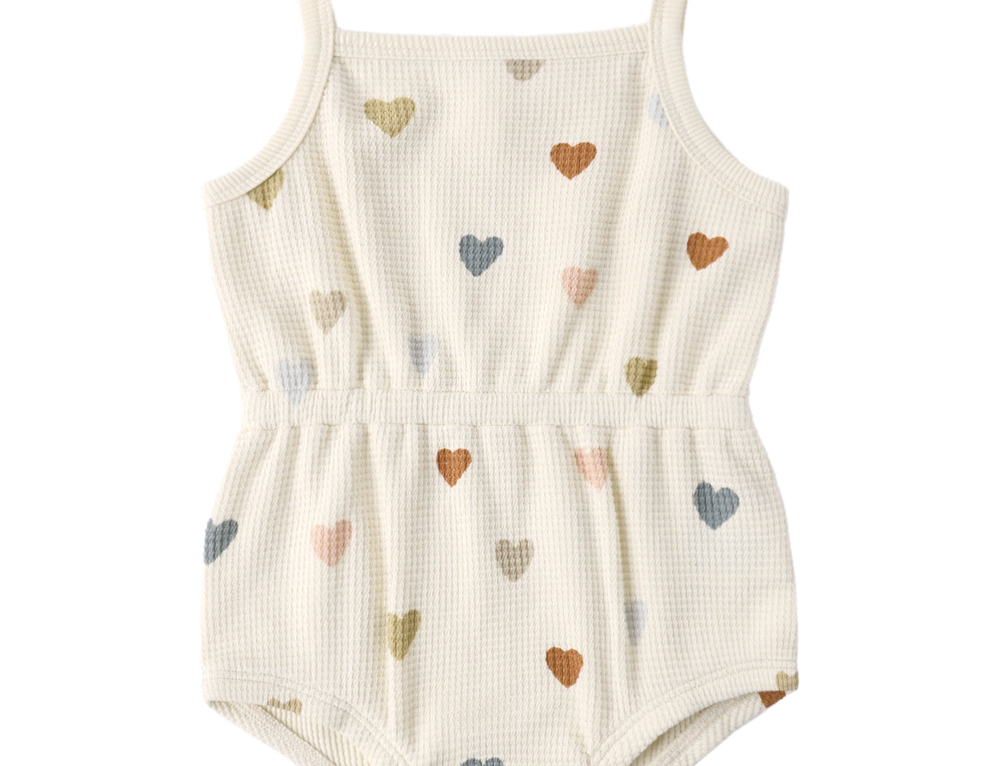 Rylee & Cru Waffle Cinch Romper in Confetti Hearts, a cream waffle-knit baby romper with multicolor hearts
