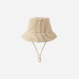 Rylee & Cru Youth Bucket Hat in Honey Stripe, a mustard and cream striped bucket hat with chin ties