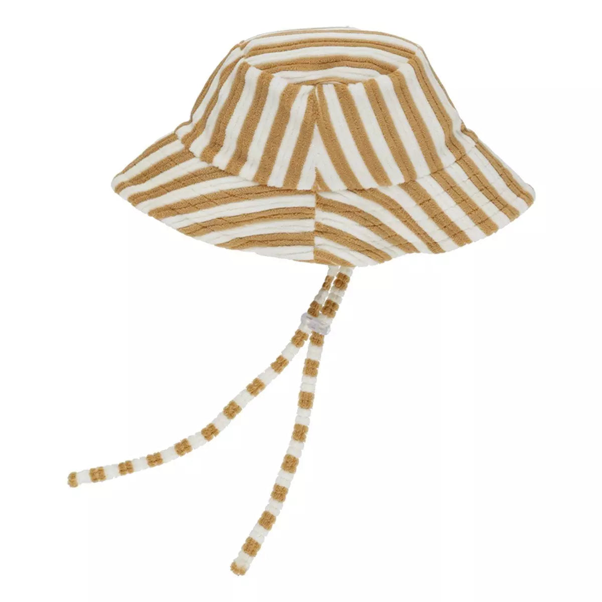 Rylee & Cru Youth Bucket Hat in Marigold Stripe showing the chin ties, flat view