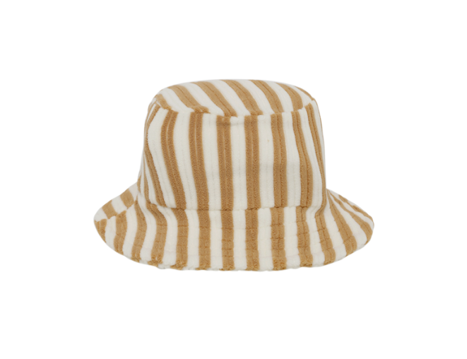 Rylee & Cru Youth Bucket Hat in Marigold Stripe, a yellow and cream striped cotton bucket hat with chin ties