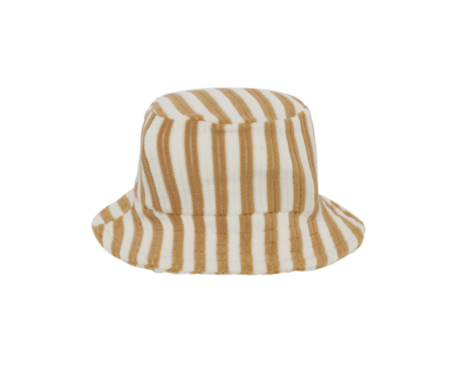 Rylee & Cru Youth Bucket Hat in Marigold Stripe, a yellow and cream striped cotton bucket hat with chin ties