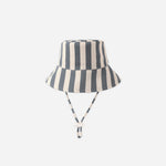 Rylee & Cru Youth Bucket Hat in Retro Stripe Ocean, a navy and cream striped bucket hat with chin ties