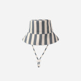 Rylee & Cru Youth Bucket Hat in Retro Stripe Ocean, a navy and cream striped bucket hat with chin ties