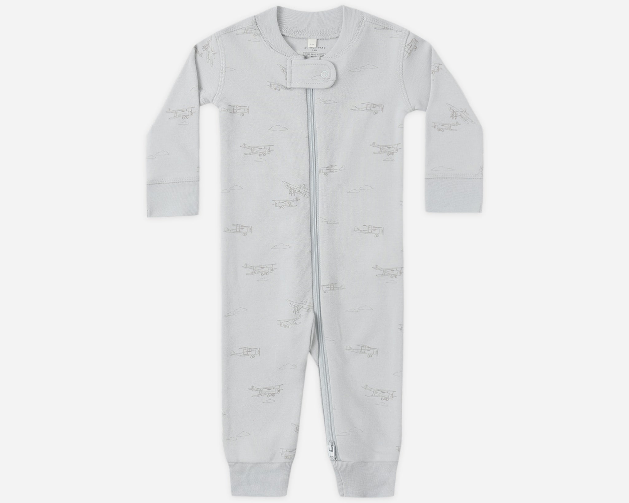 Rylee & Cru Zip Longsleeve Sleeper in Airplane, a light blue footless baby sleeper with a small airplane print
