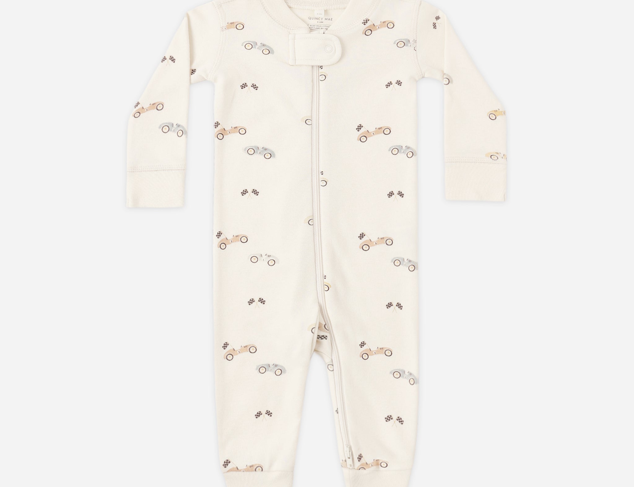 Rylee & Cru Zip Longsleeve Sleeper in Race Car, a cream footless baby sleeper with a small race car print