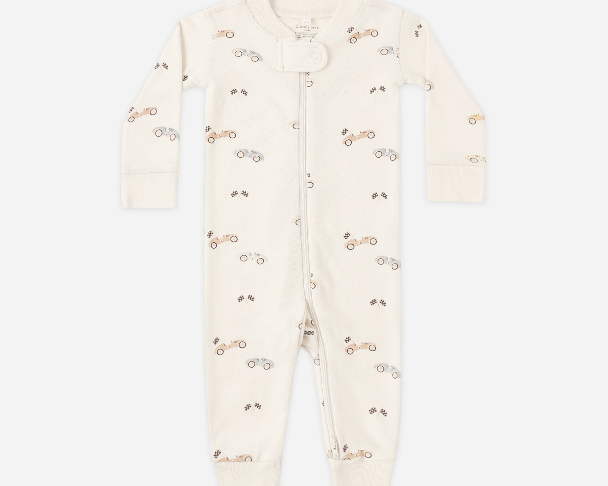 Rylee & Cru Zip Longsleeve Sleeper in Race Car, a cream footless baby sleeper with a small race car print
