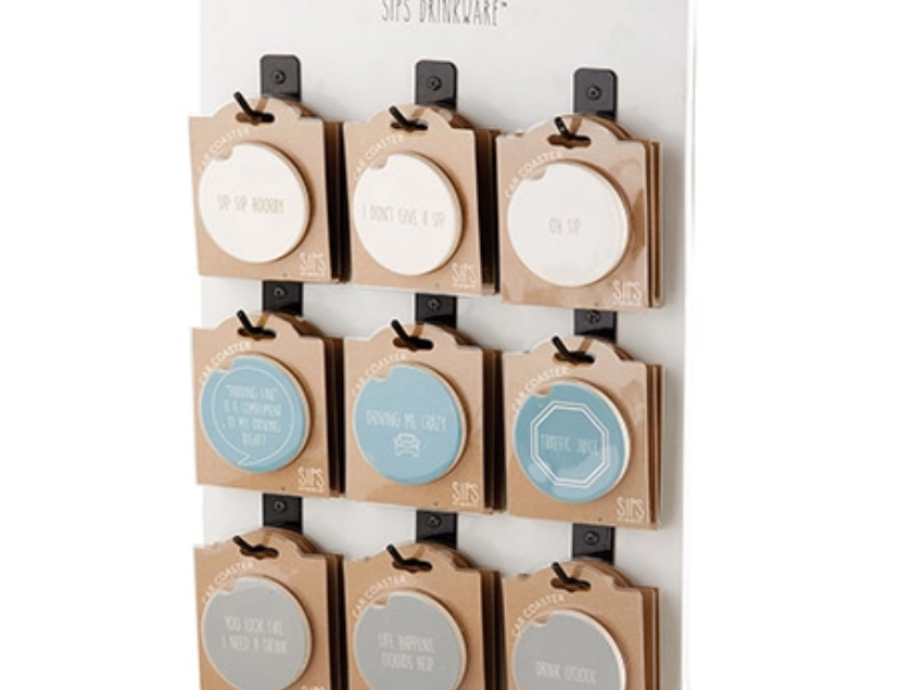 Santa Barbara Design Studio Car Coasters, assorted sayings on a hanging retail display stand