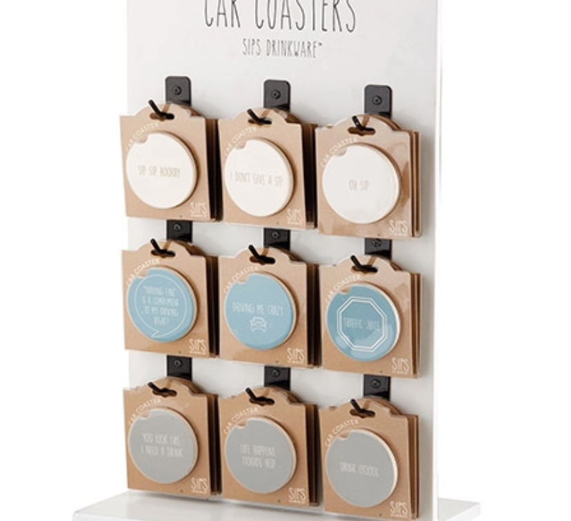 Santa Barbara Design Studio Car Coasters, assorted sayings on a hanging retail display stand