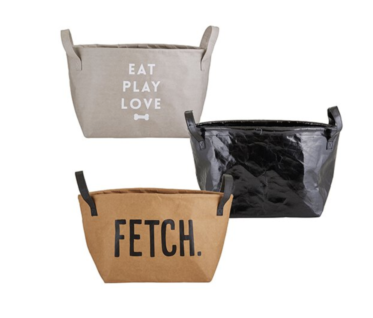 Santa Barbara Design Studio Pet Storage Totes in gray, black and kraft reading Eat Play Love and Fetch
