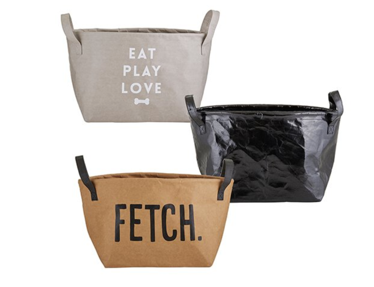 Santa Barbara Design Studio Pet Storage Totes in gray, black and kraft reading Eat Play Love and Fetch