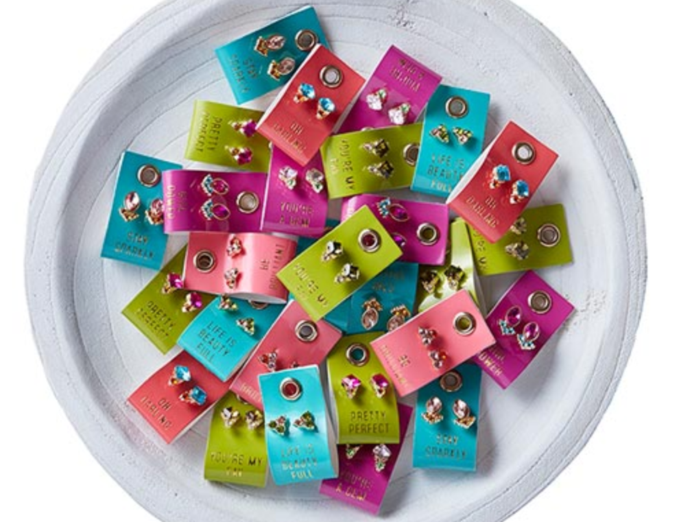 Santa Barbara Design Studio Stud Earrings, assorted crystal studs on colorful cards in a round tray