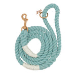 Sassy Woof Dog Rope Leash in Aqua, a teal cotton rope leash with rose gold hardware