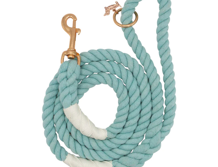 Sassy Woof Dog Rope Leash in Aqua, a teal cotton rope leash with rose gold hardware