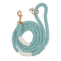 Sassy Woof Dog Rope Leash in Aqua, a teal cotton rope leash with rose gold hardware