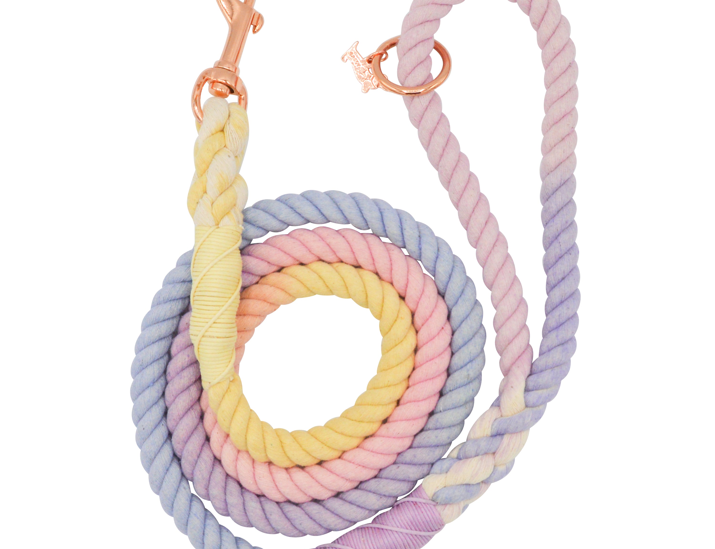 Sassy Woof Dog Rope Leash in Caroline, a pastel yellow, pink and lavender ombre rope leash with rose gold hardware