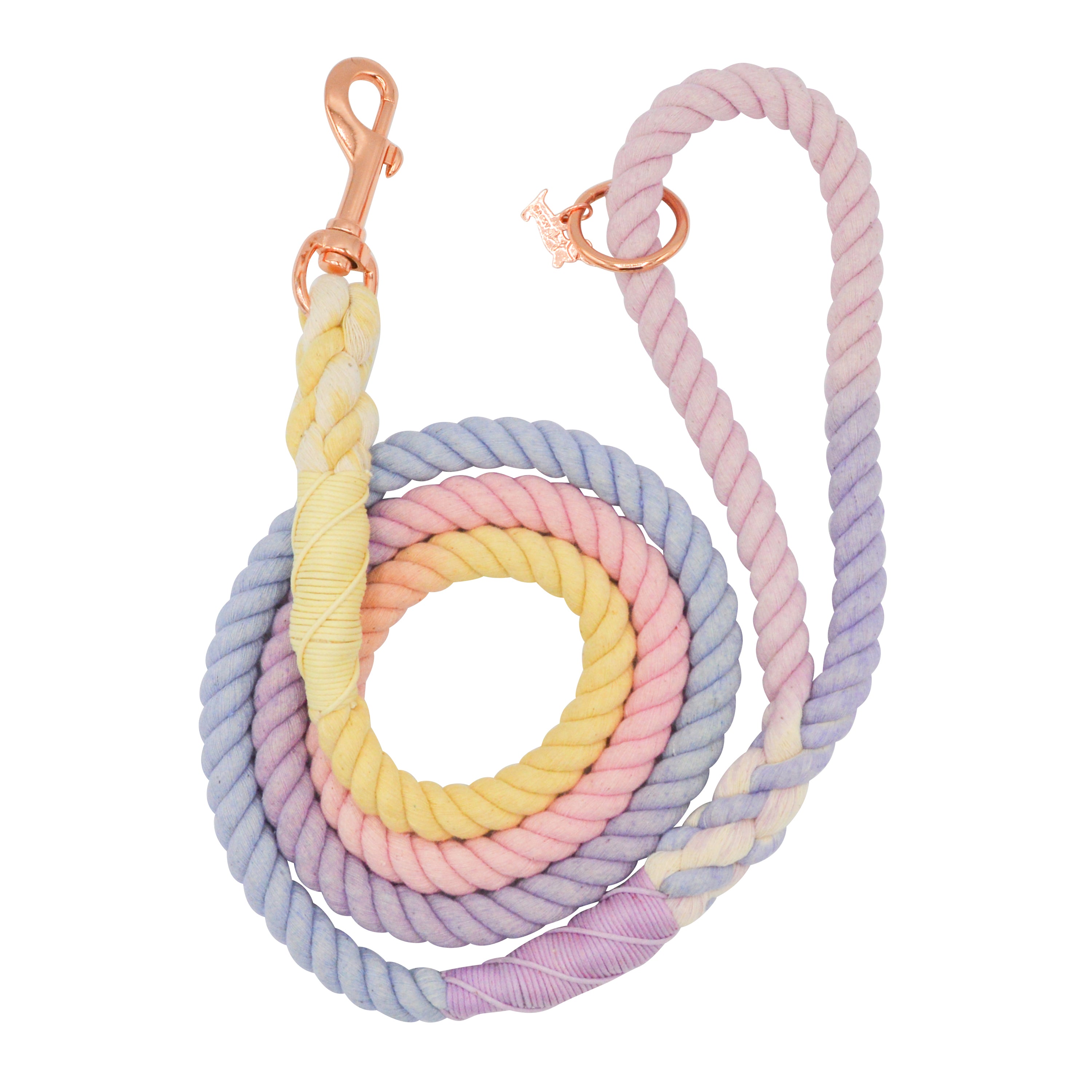 Sassy Woof Dog Rope Leash in Caroline, a pastel yellow, pink and lavender ombre rope leash with rose gold hardware