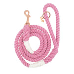 Sassy Woof Dog Rope Leash in Cotton Candy, a pink cotton rope leash with rose gold hardware