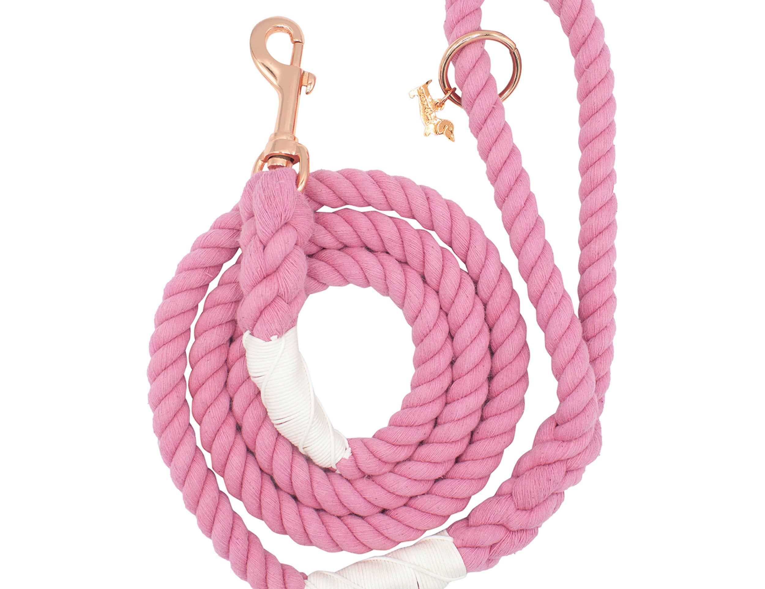 Sassy Woof Dog Rope Leash in Cotton Candy, a pink cotton rope leash with rose gold hardware
