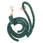 Sassy Woof Dog Rope Leash in Emerald, a dark green cotton rope leash with rose gold hardware