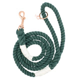 Sassy Woof Dog Rope Leash in Emerald, a dark green cotton rope leash with rose gold hardware