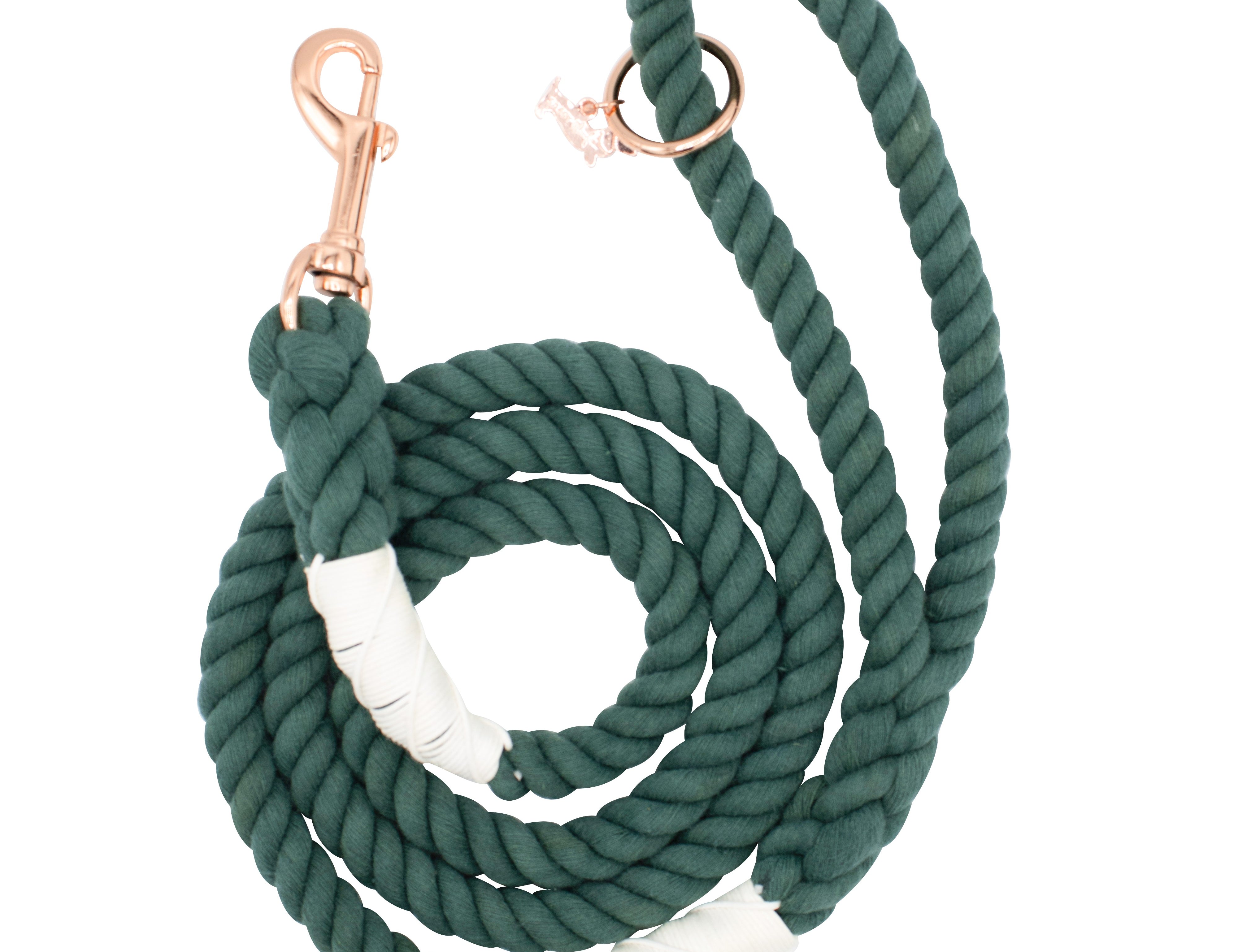 Sassy Woof Dog Rope Leash in Emerald, a dark green cotton rope leash with rose gold hardware