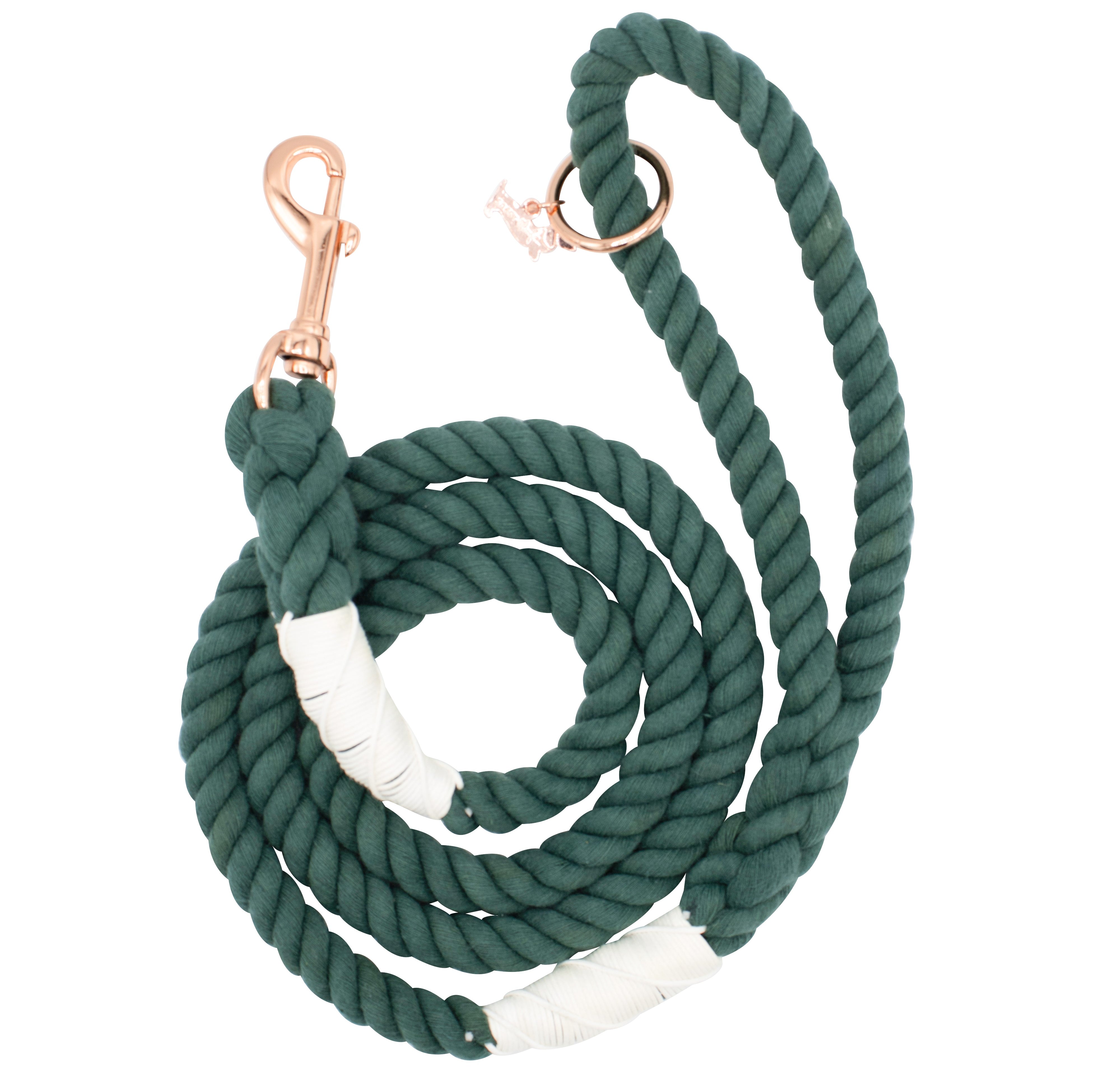 Sassy Woof Dog Rope Leash in Emerald, a dark green cotton rope leash with rose gold hardware