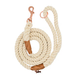 Sassy Woof Dog Rope Leash in Natural, a cream cotton rope leash with leather accents and rose gold hardware