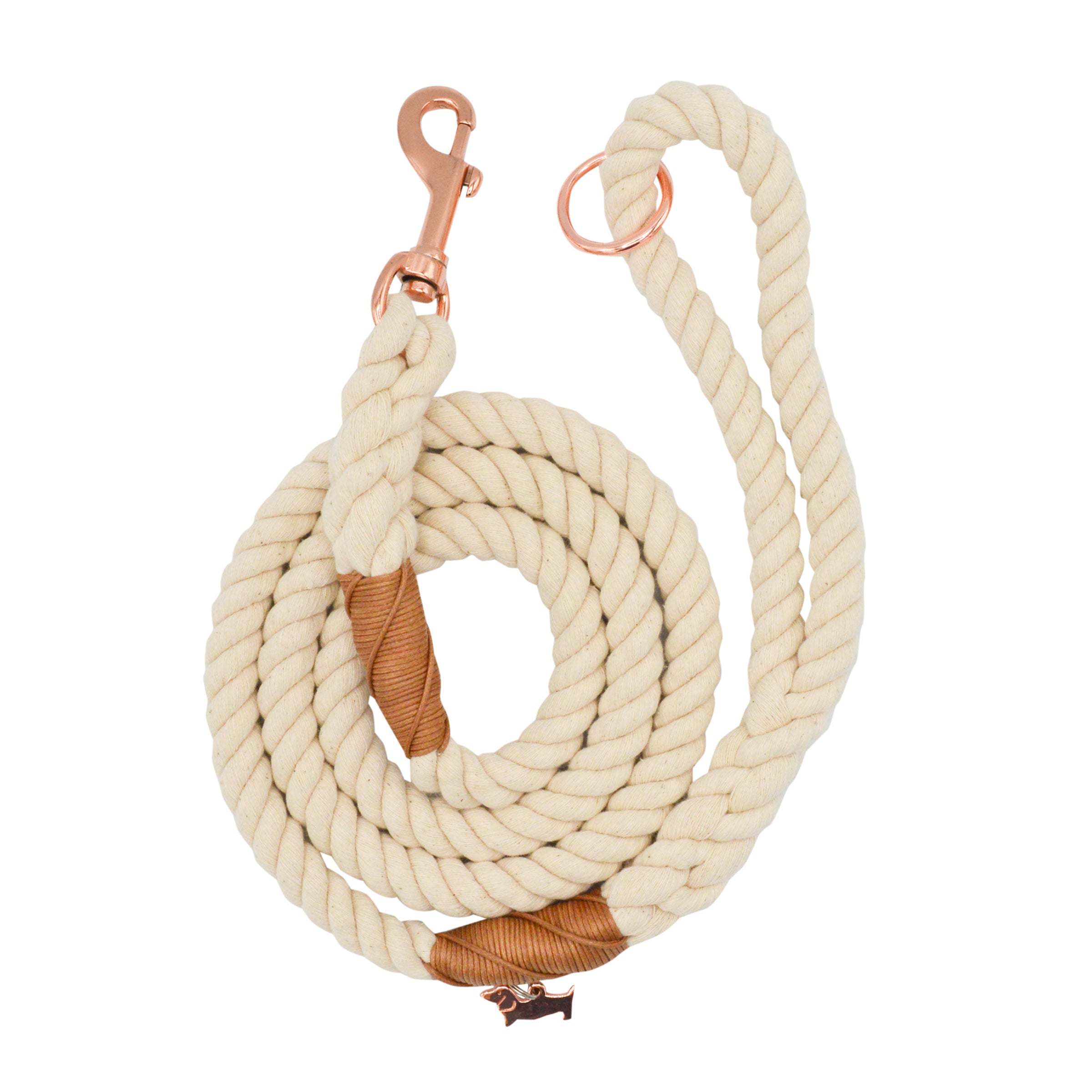 Sassy Woof Dog Rope Leash in Natural, a cream cotton rope leash with leather accents and rose gold hardware