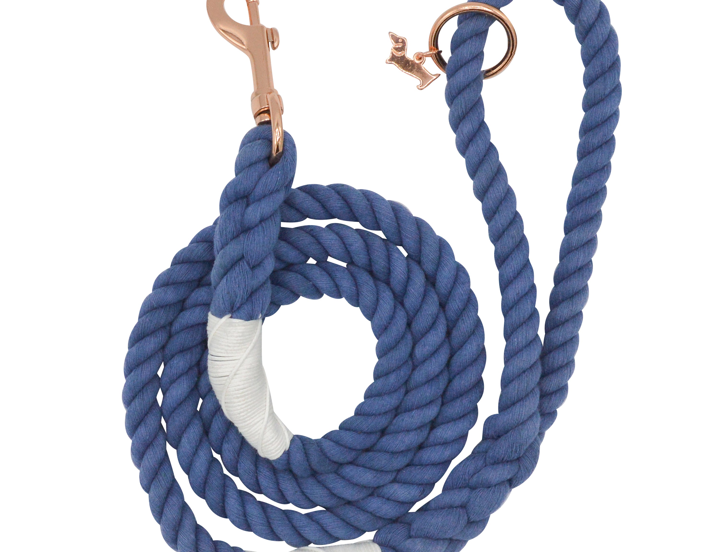 Sassy Woof Dog Rope Leash in Nautical, a navy blue cotton rope leash with rose gold hardware