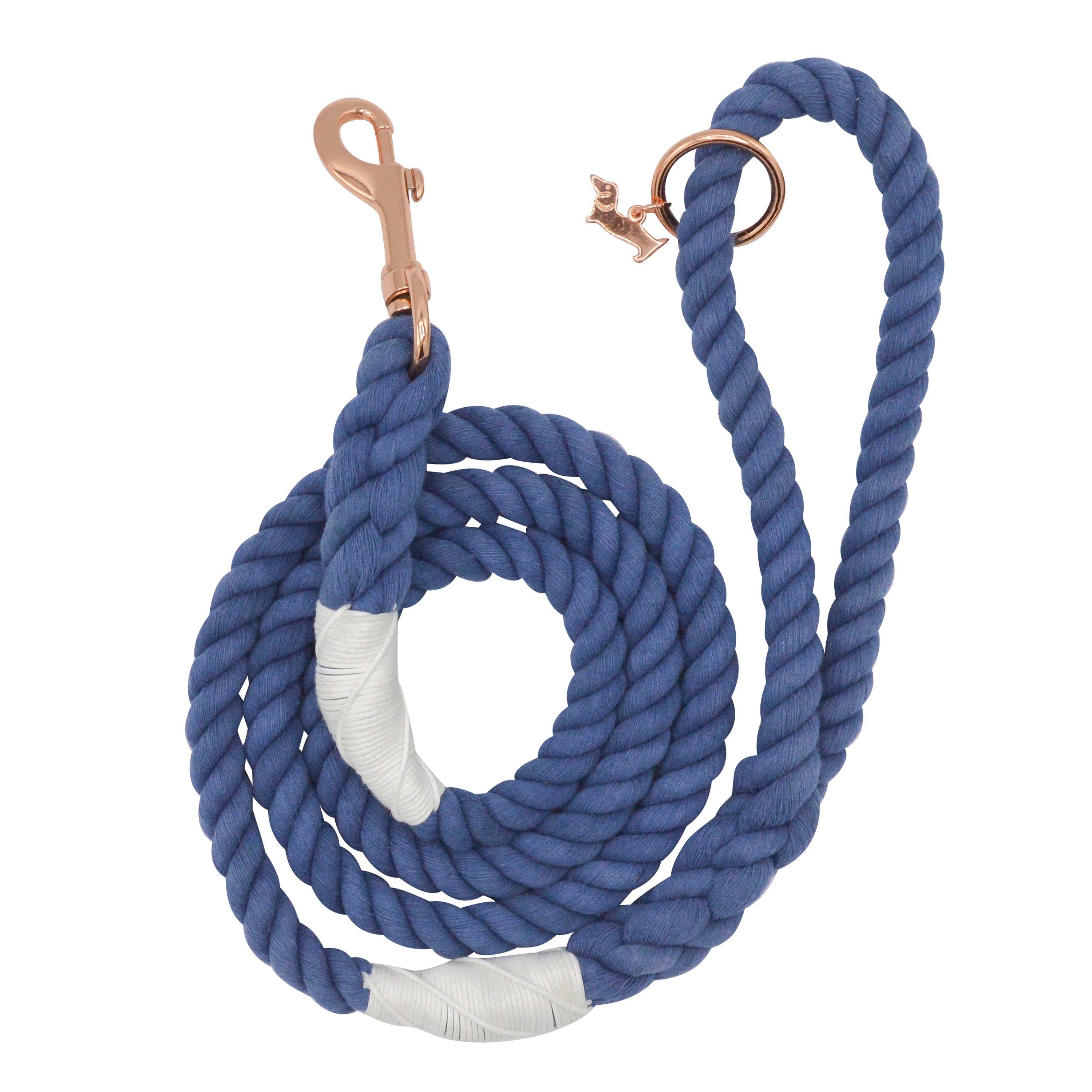 Sassy Woof Dog Rope Leash in Nautical, a navy blue cotton rope leash with rose gold hardware