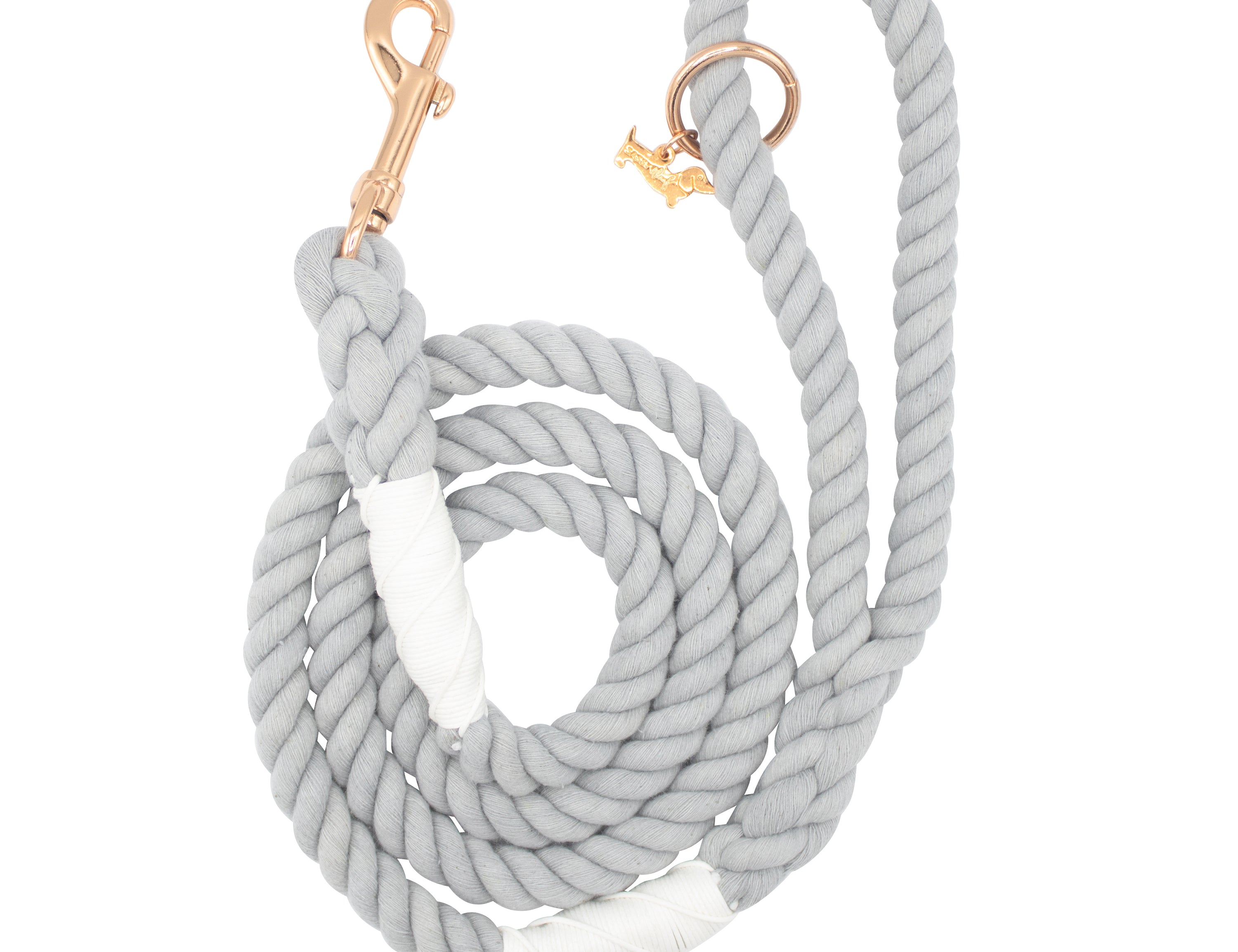 Sassy Woof Dog Rope Leash in Serenity, a light gray cotton rope leash with rose gold hardware
