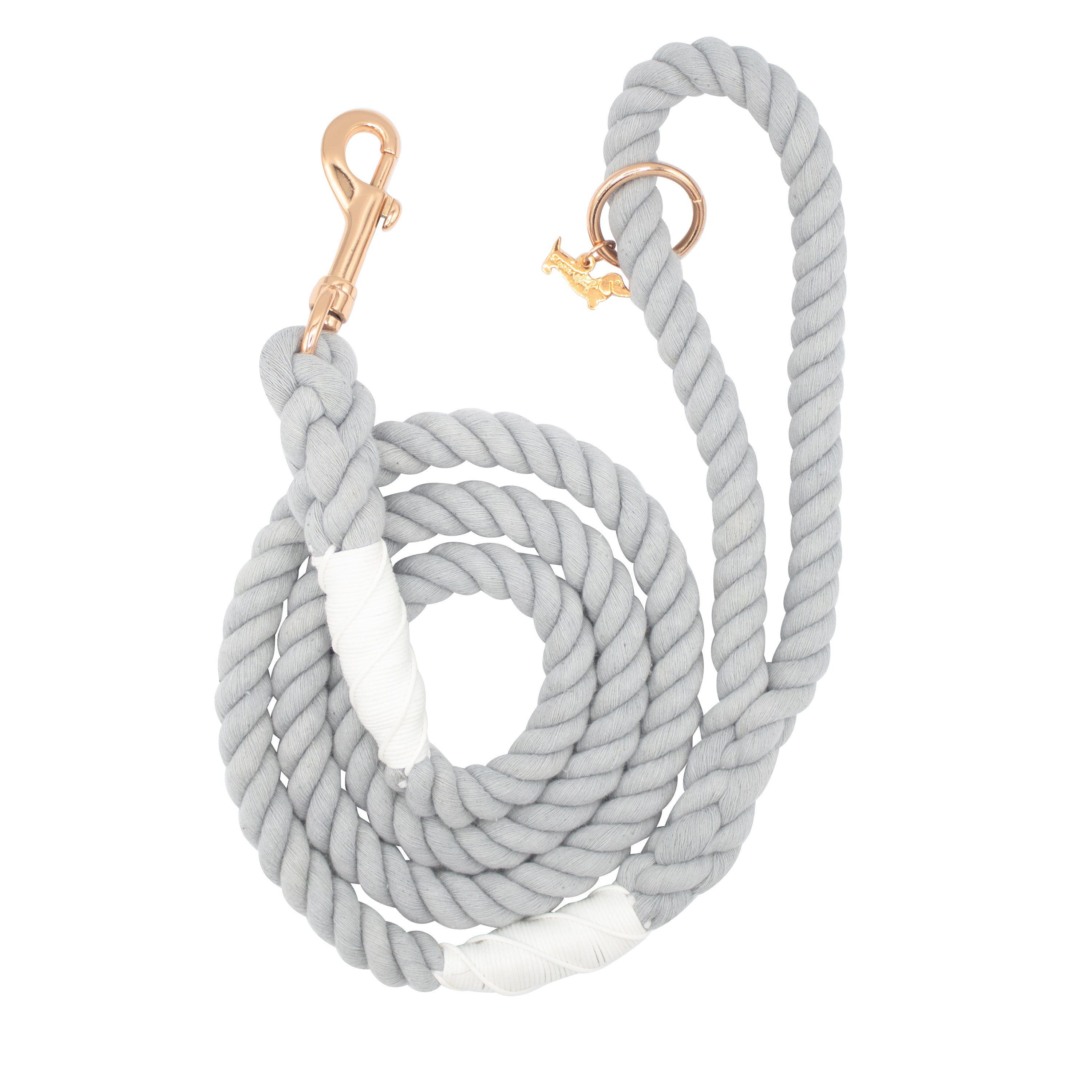 Sassy Woof Dog Rope Leash in Serenity, a light gray cotton rope leash with rose gold hardware