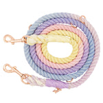 Sassy Woof Hands Free Rope Leash in Caroline, a pastel yellow, pink and lavender ombre rope leash