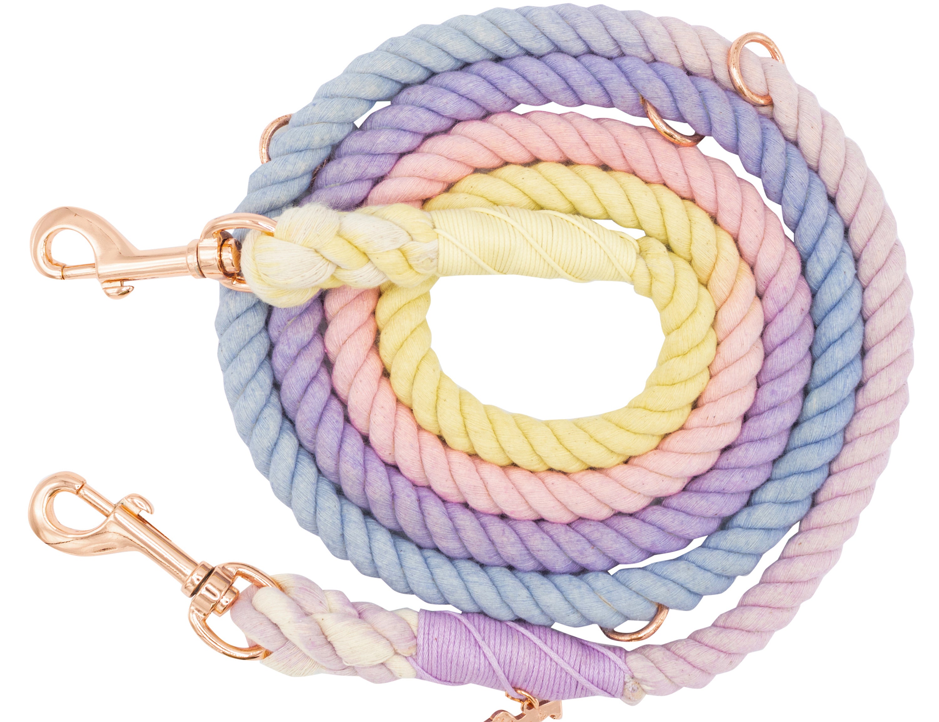 Sassy Woof Hands Free Rope Leash in Caroline, a pastel yellow, pink and lavender ombre rope leash
