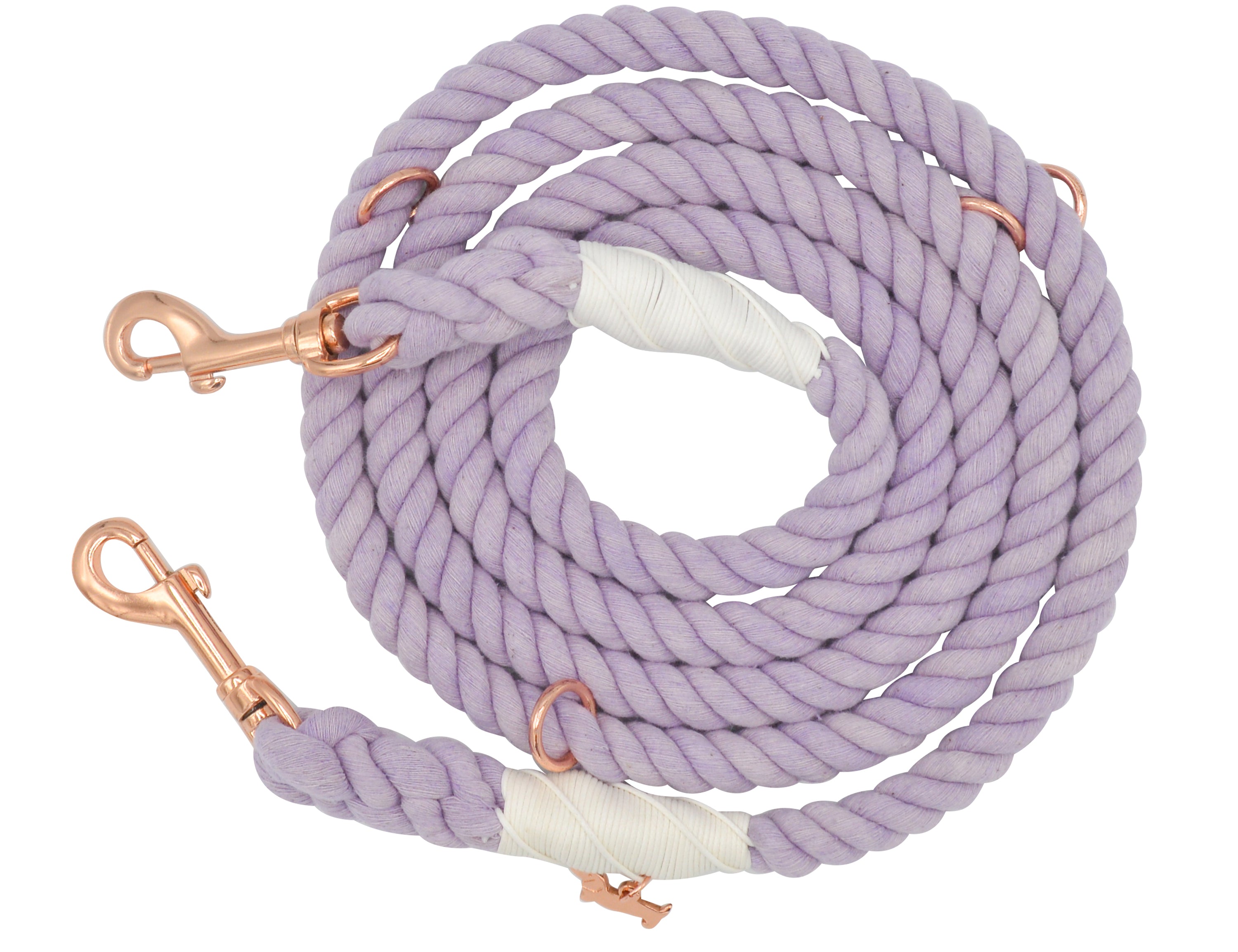 Sassy Woof Hands Free Rope Leash in Lavender, a purple cotton rope leash with rose gold clips
