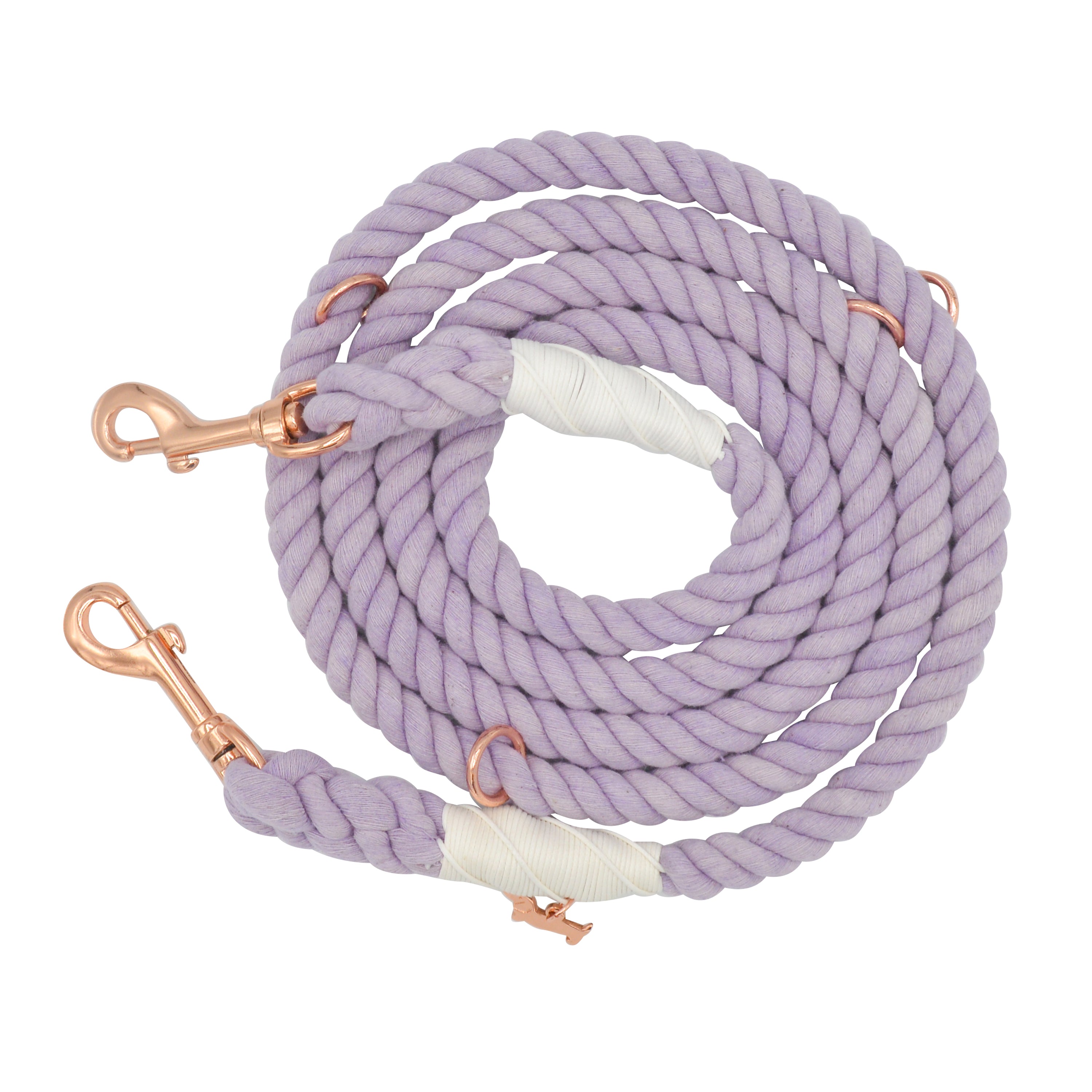 Sassy Woof Hands Free Rope Leash in Lavender, a purple cotton rope leash with rose gold clips