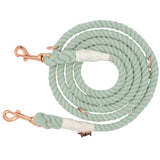 Sassy Woof Hands Free Rope Leash in Mint, a sage green cotton rope leash with rose gold clips