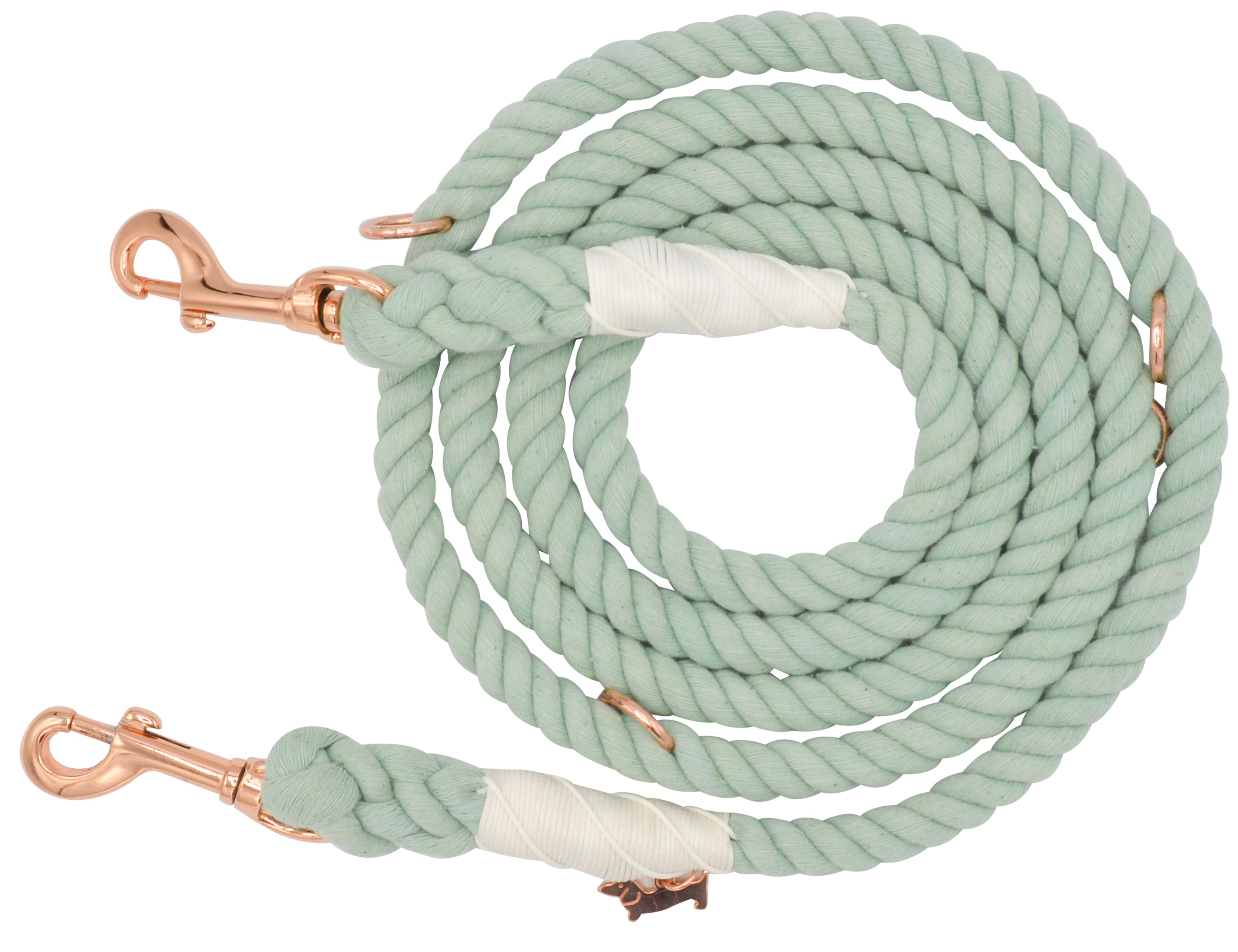 Sassy Woof Hands Free Rope Leash in Mint, a sage green cotton rope leash with rose gold clips